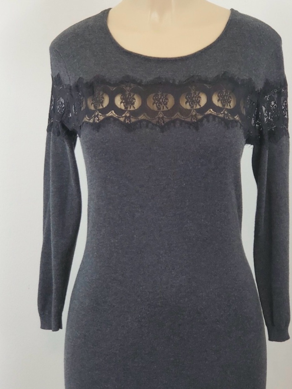 Charcoal Lace-Yoke Long Sleeve Dress